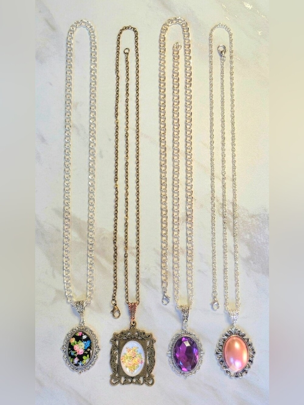 Set of 4 Long Pendant Necklaces Oval Crystal Flowers, Stones Vintage Style